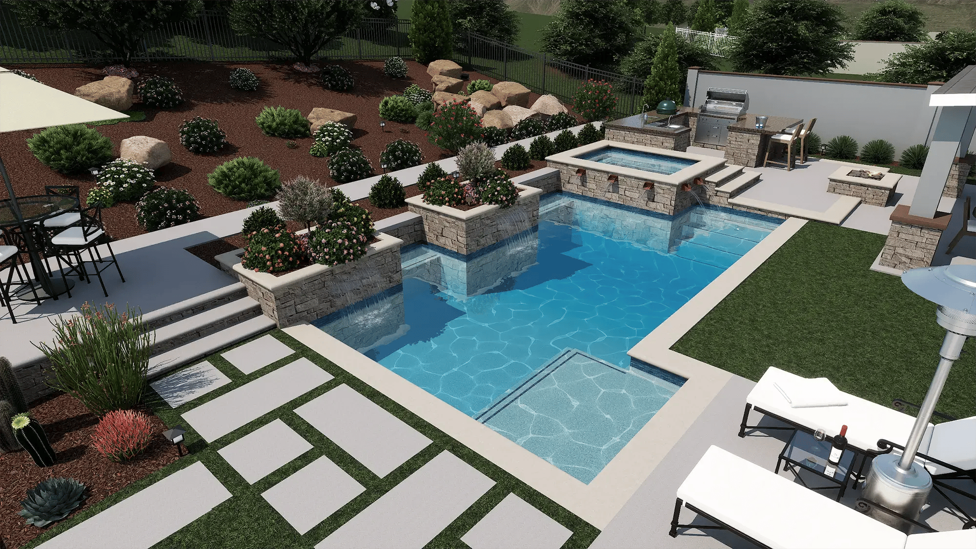 Multi-level pool design with raised spa, planters, and integrated outdoor living features