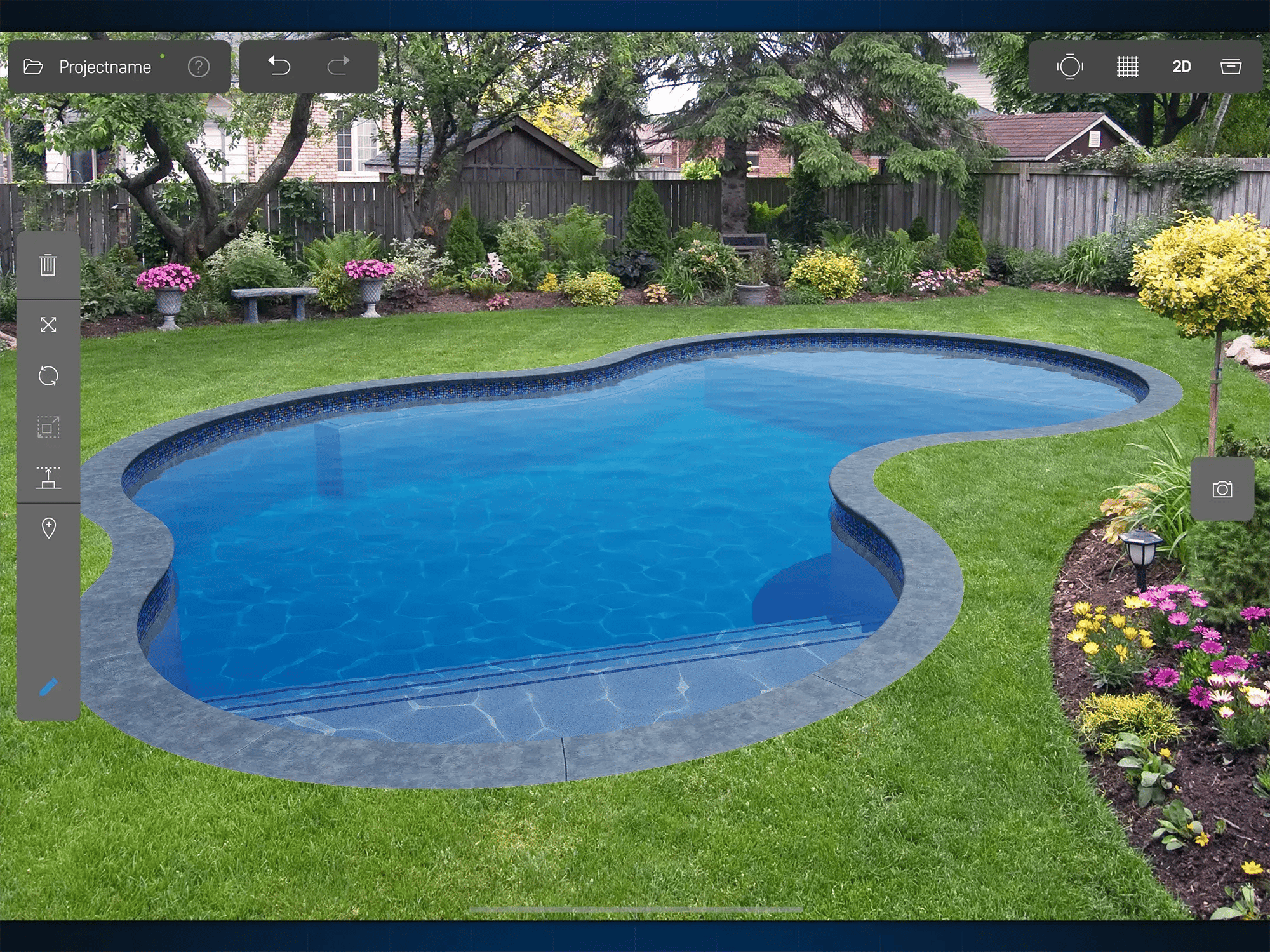 In-process demonstration of the YARD interface on iPad Pro after placing pool to create a complete outdoor living design 
