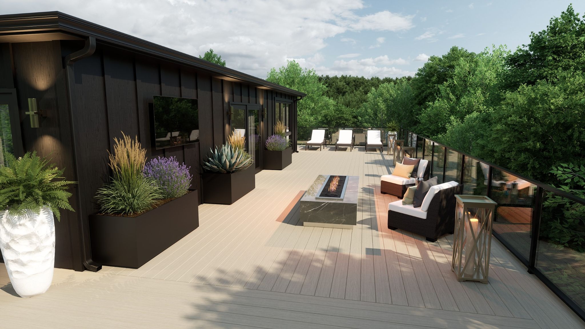 Modern outdoor patio deck with lounge chairs, fire pit table, and planters.