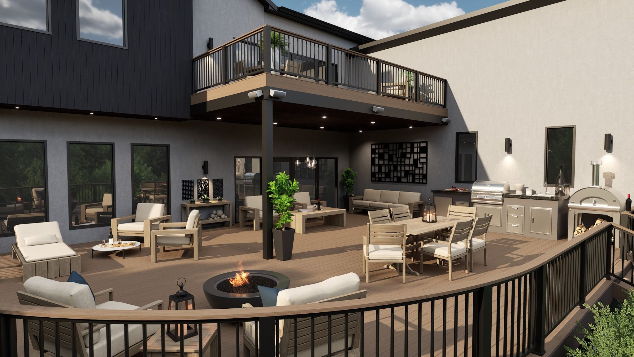 Luxury modern outdoor living space with kitchen and fire feature.