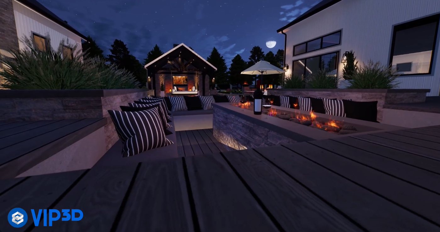 Luxurious modern outdoor patio with a fire pit and seating, rendered at night under a moonlit sky.