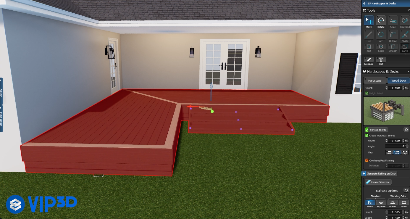 VIP3D design software interface showing a 3D model of a red deck being built behind a house with French doors.