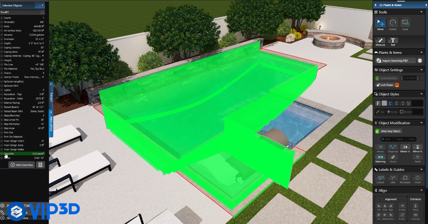 The VIP3D design software interface, showing a top-down architectural visualization of a modern backyard patio with a pool and fire pit, and various tool menus and measurement lists on the sides.