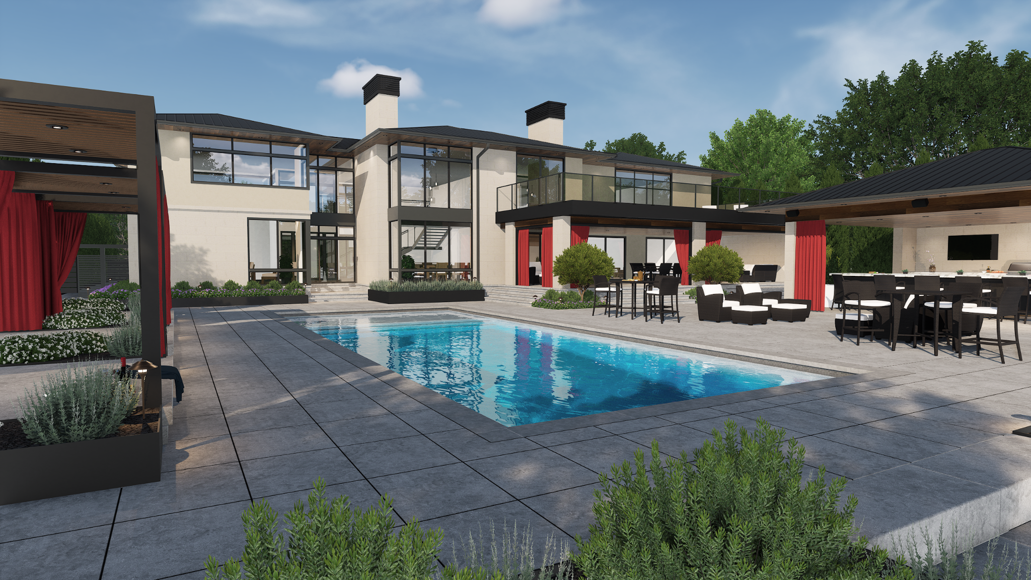 Luxury modern backyard with a pool, patio, and outdoor kitchen rendering.