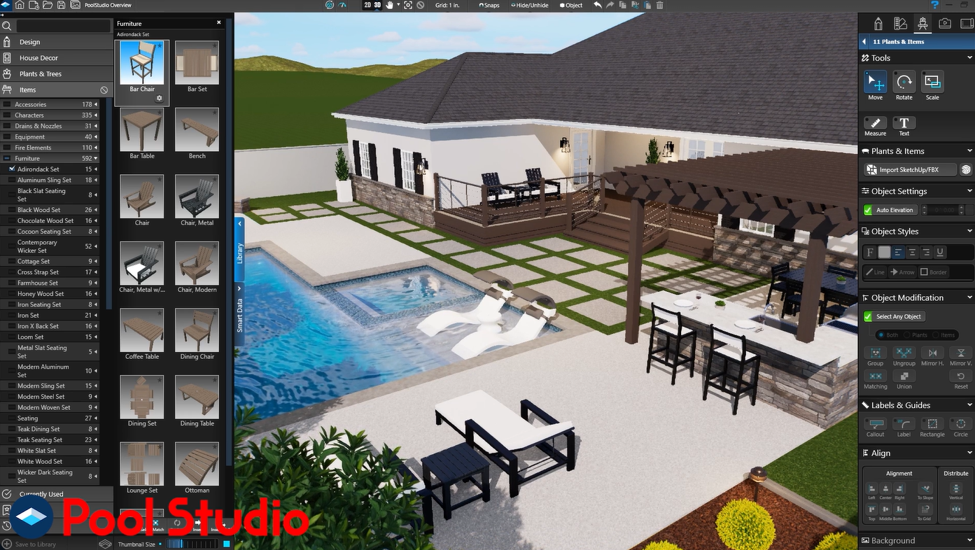 Pool Studio 3D design software interface showing a pool and patio project.