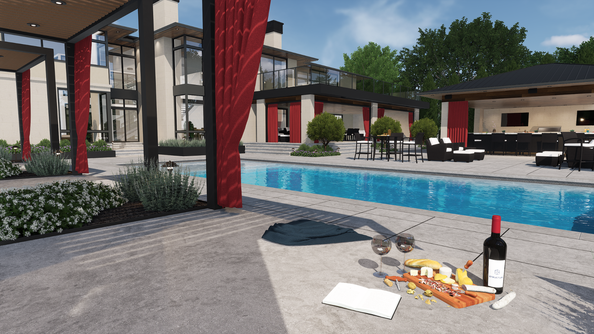Wine and charcuterie arrangement by a modern pool with red cabana curtains in the background.