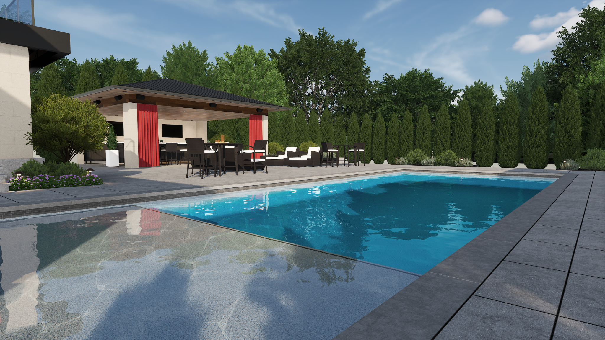 Outdoor pool deck with an automatic pool cover, cabana, and patio dining furniture.