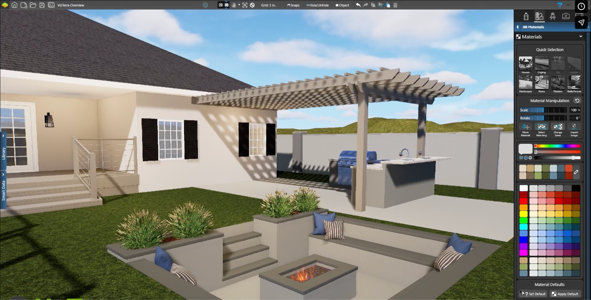 Designing outdoor living space of a house using design software