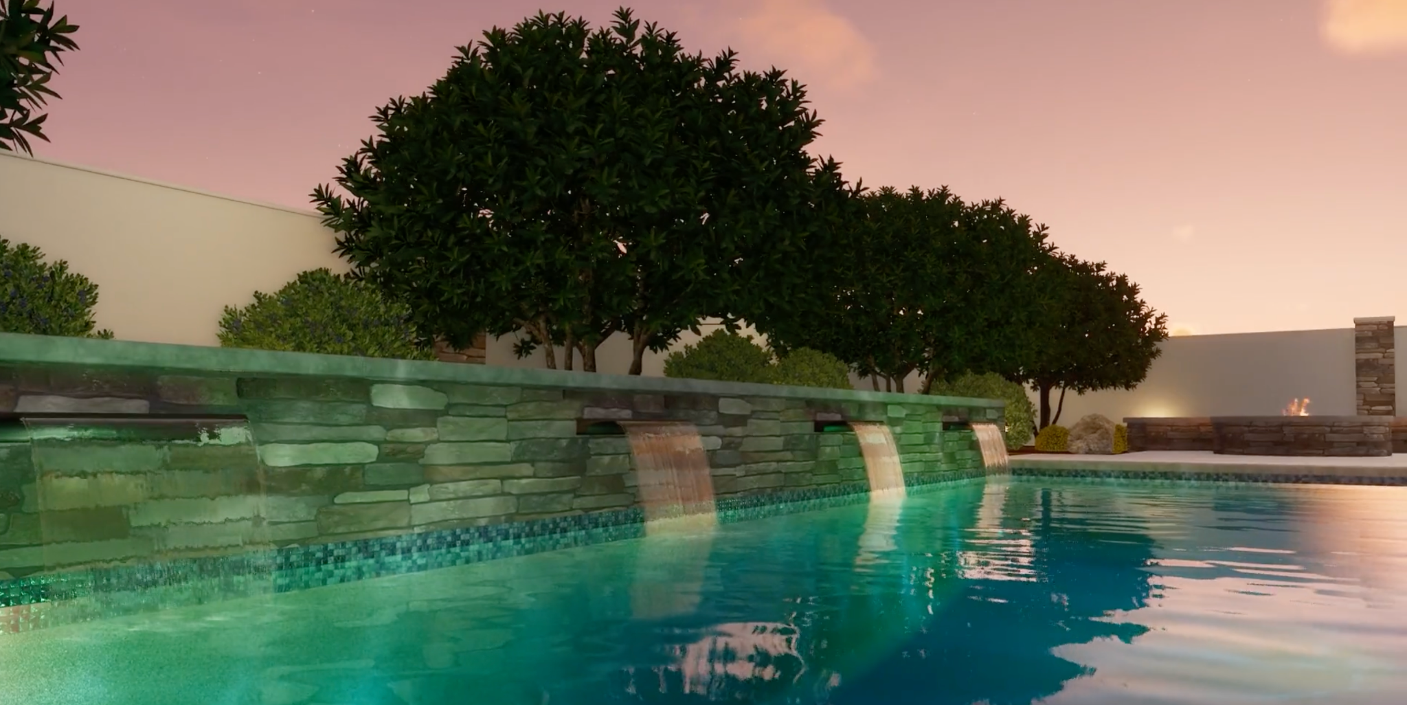 3D visualization of a pool at sunset
