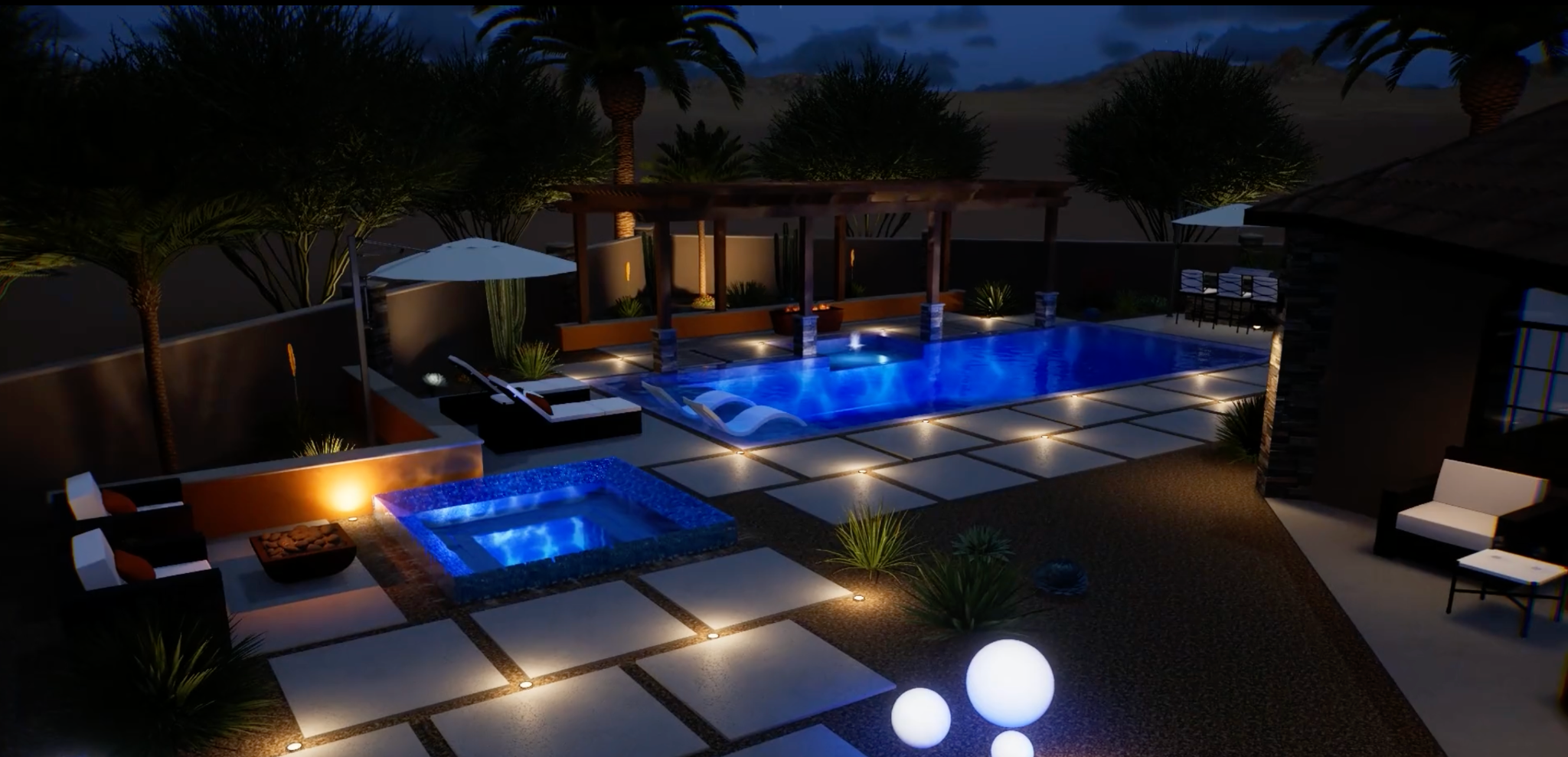 3D visualization of a pool at night