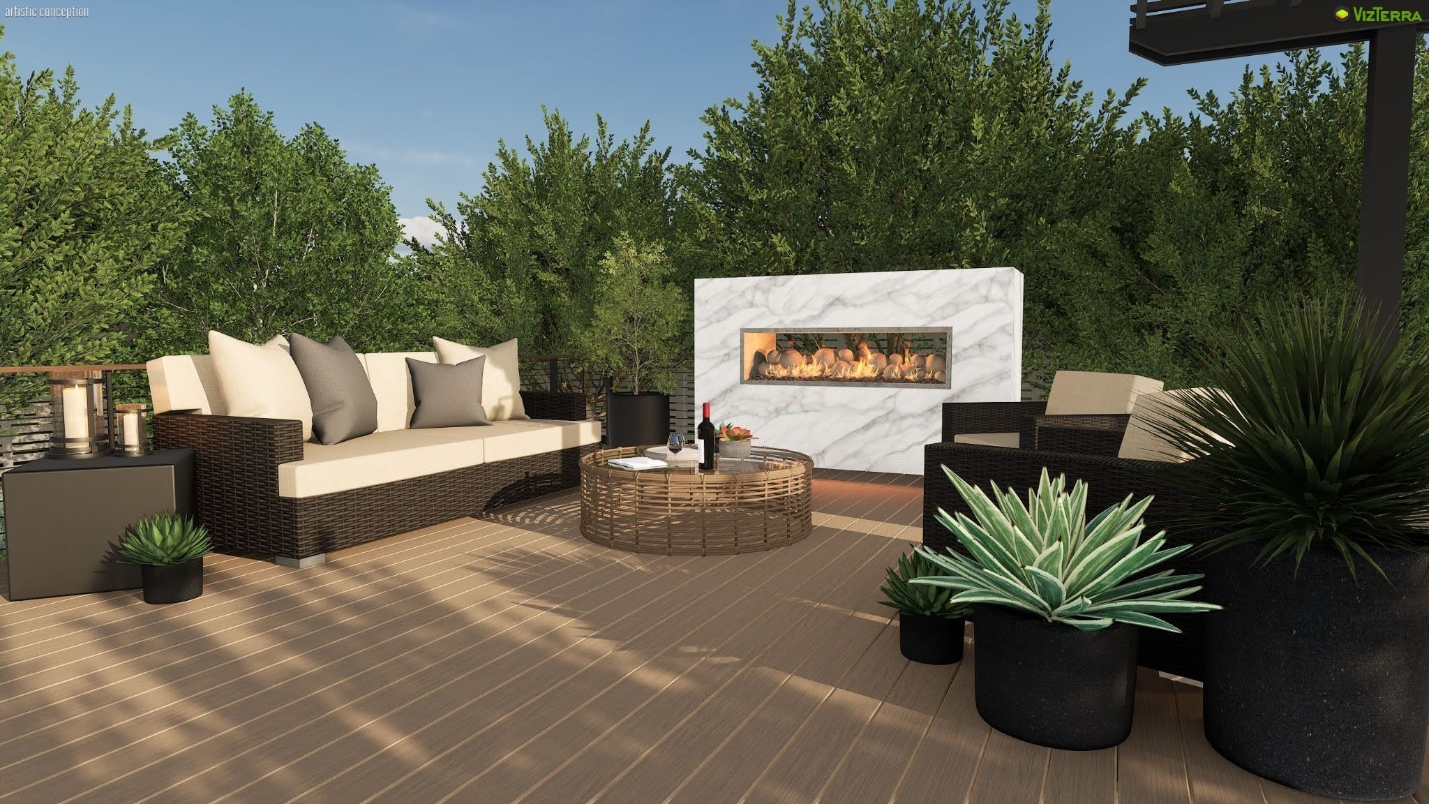3D render of a modern outdoor patio with wicker furniture, a marble fireplace, and potted plants.