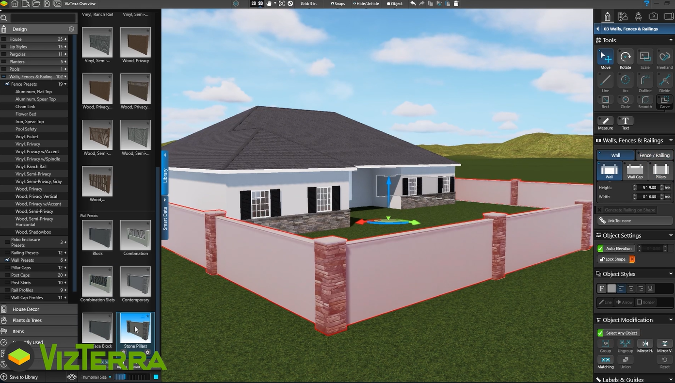 VizTerra software interface displaying a 3D model of a house.