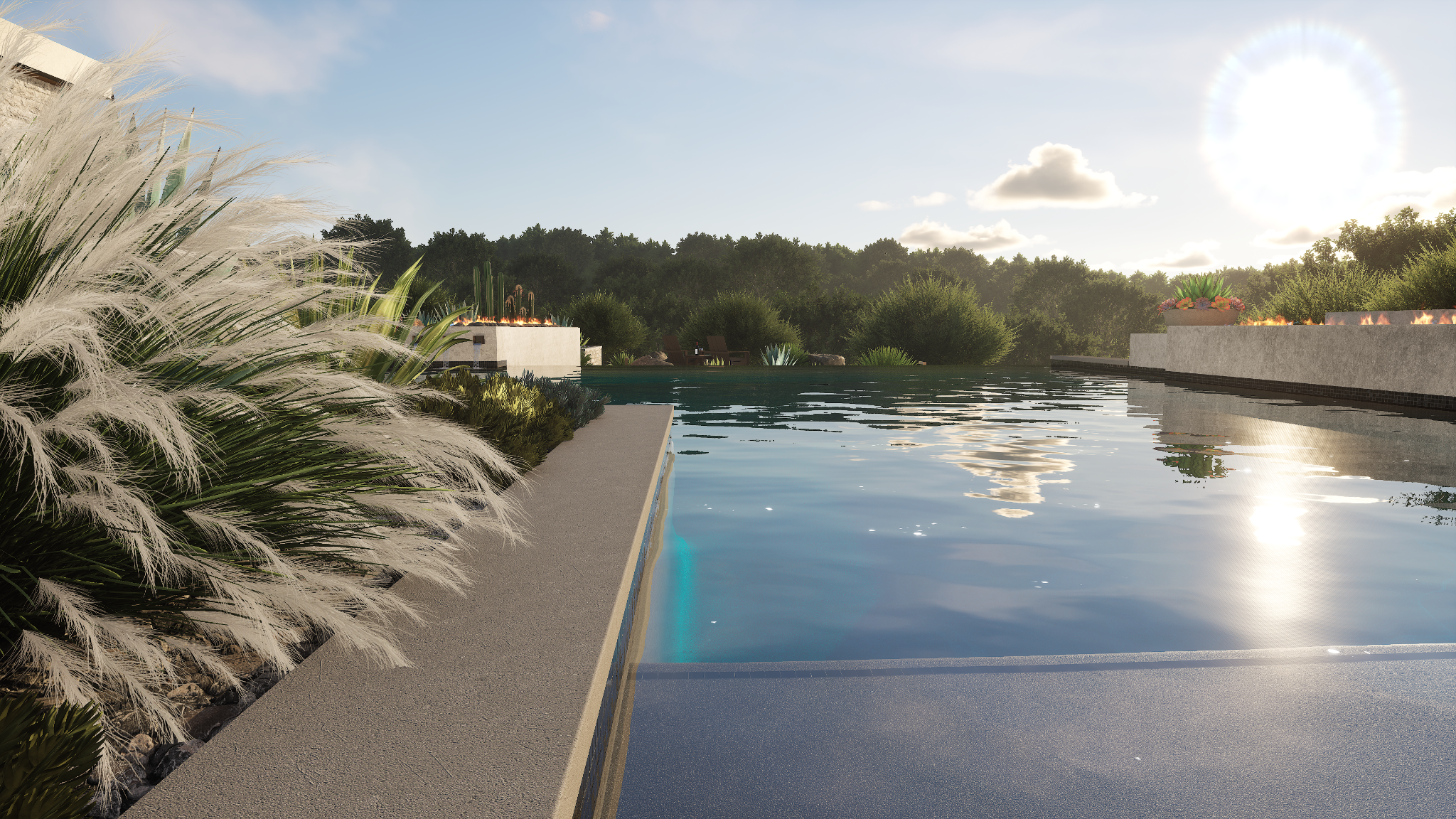 Low-angle 3D render of a luxury swimming pool surrounded by ornamental grasses and desert plants at sunset.