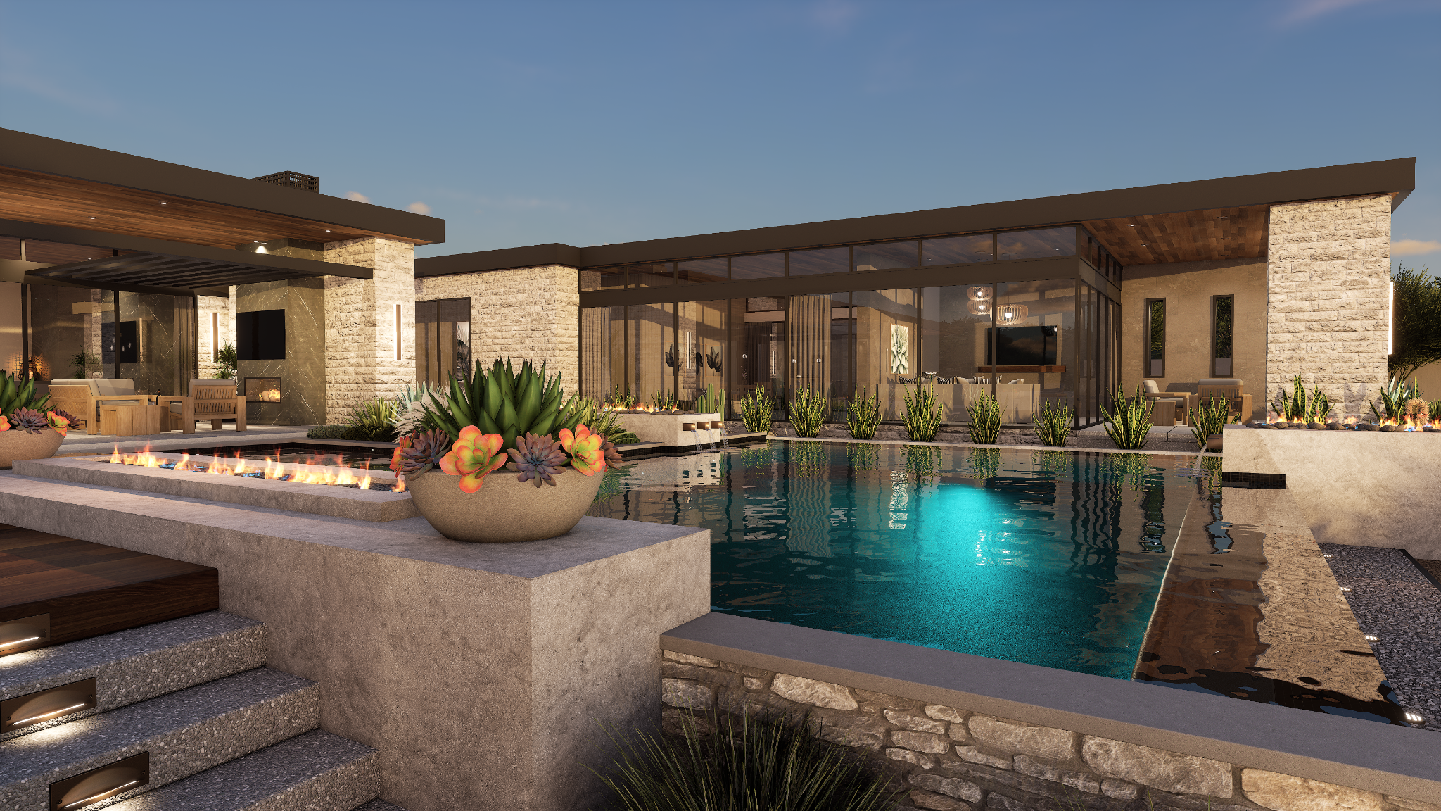 Modern home exterior design concept with an illuminated swimming pool, fire pit, and potted succulents.