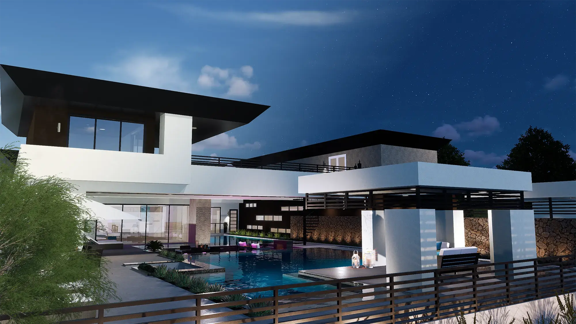 Modern pool and cabana at night, designed in Pool Studio.