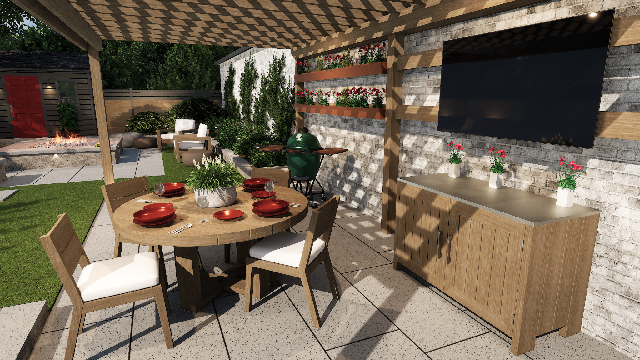 A detailed view of a modern patio dining area under a wooden pergola, featuring a round table set with red plates and a large centerpiece.