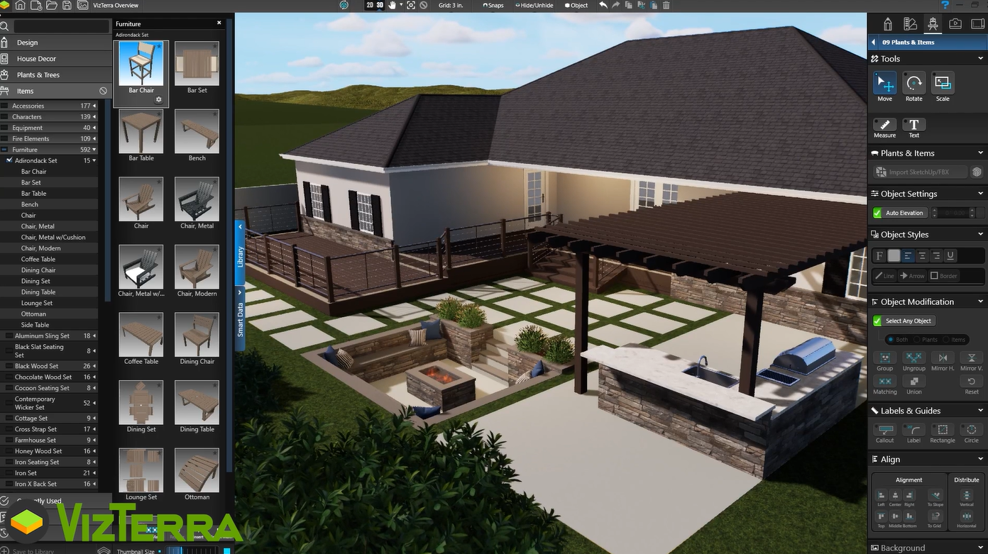 3D backyard design concept with an outdoor kitchen and fire pit inside the VizTerra software interface.