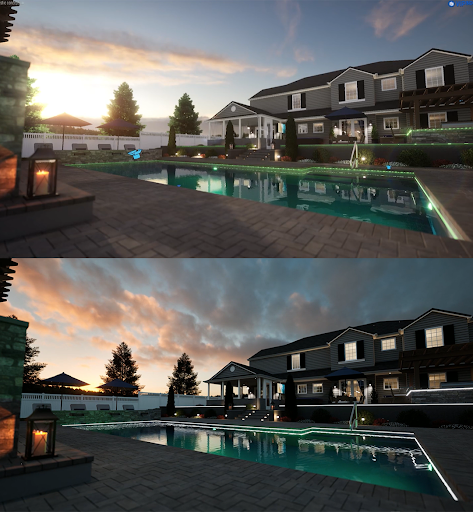  Pool and pergola at dusk in real-time 3D and path traced, designed in Vip3D.