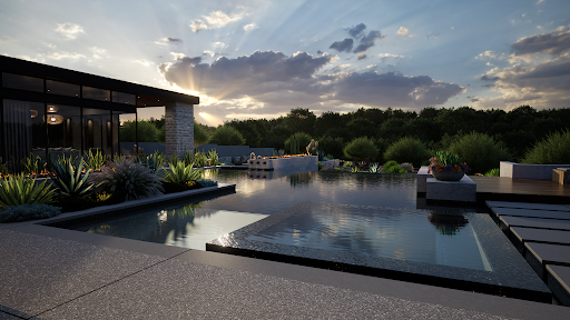 Path-traced pool and patio at dusk, designed in Vip3D.