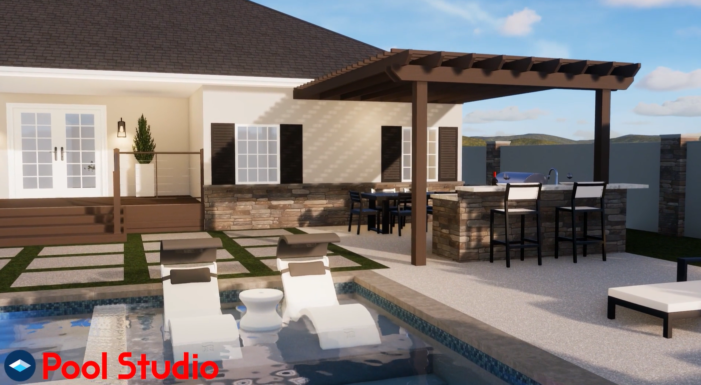 3D backyard concept with an outdoor kitchen, bar, and pool.