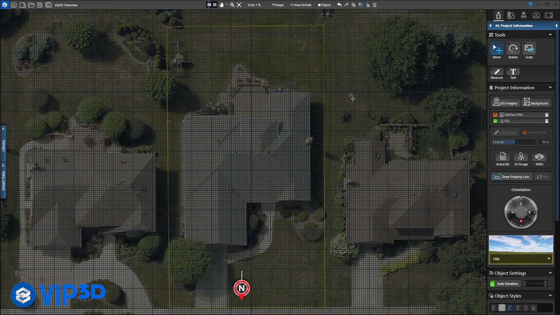 2D base plan on a GIS parcel, designed in Vip3D.