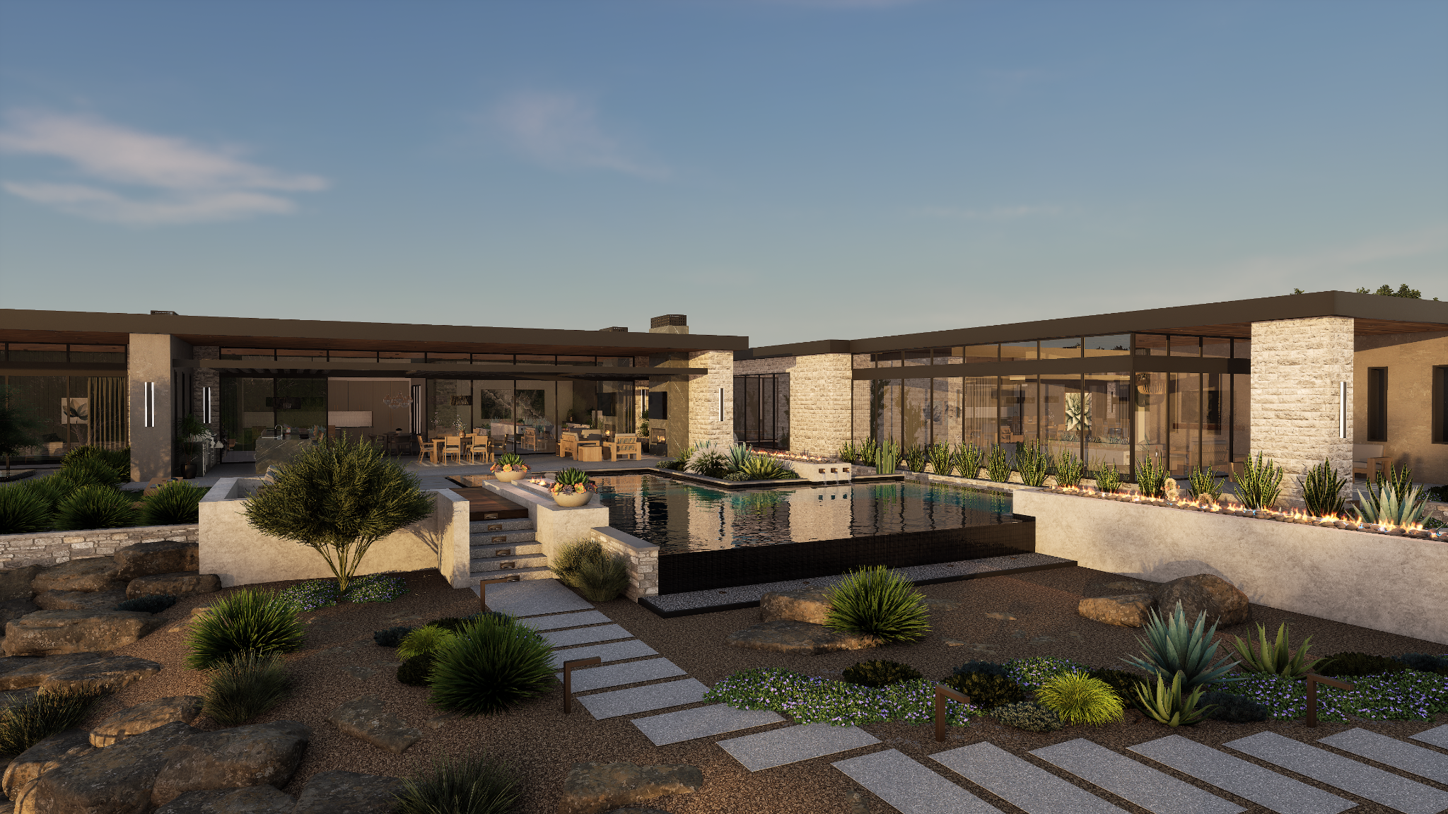 3D render of a luxury modern estate with a dark infinity pool and desert landscaping.