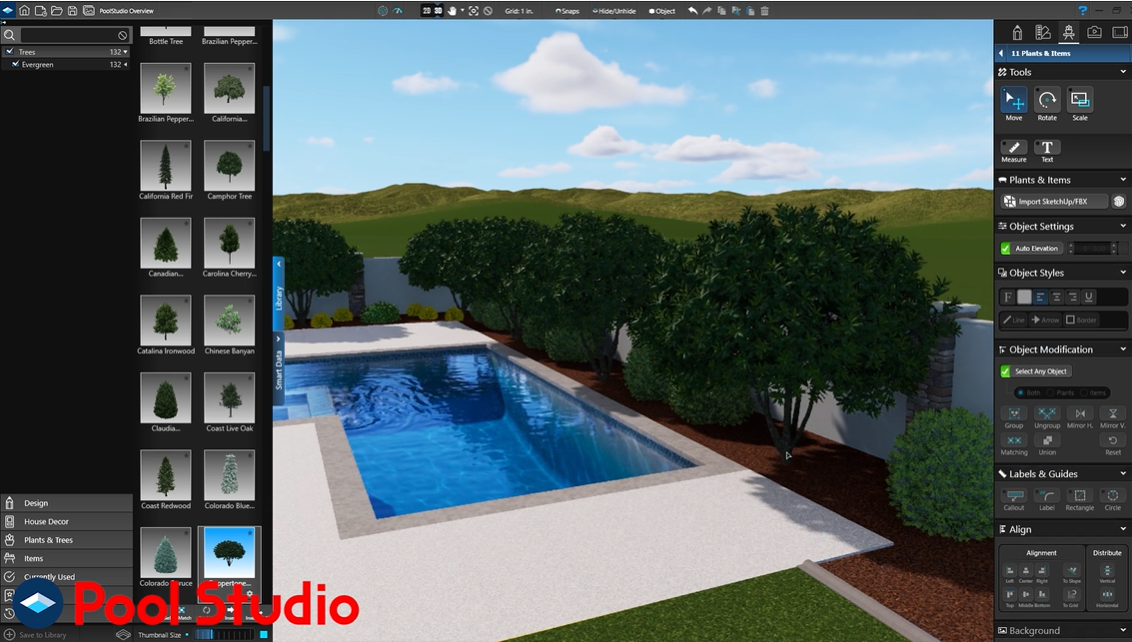 Pool Studio software interface showing a 3D design of a backyard pool and landscaping.