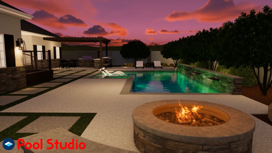 Modern backyard pool and fire pit 3D design concept created in Pool Studio.