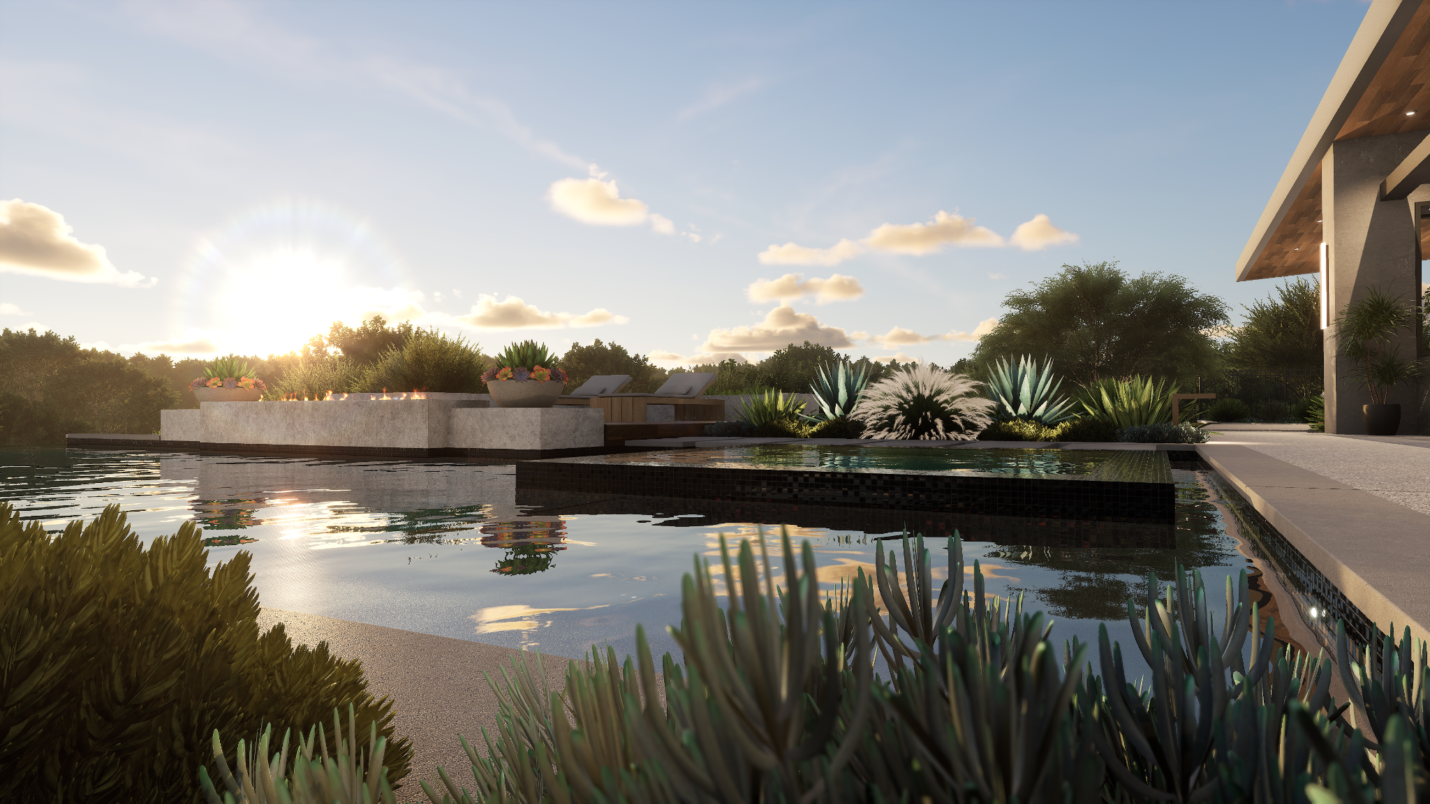3D render of a luxury infinity pool and spa at sunset with desert landscaping.