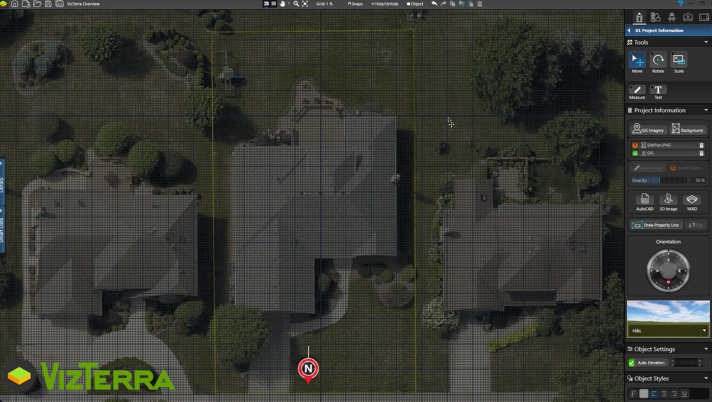 VizTerra software interface showing an aerial satellite view of residential properties on a grid with a tool panel on the right.