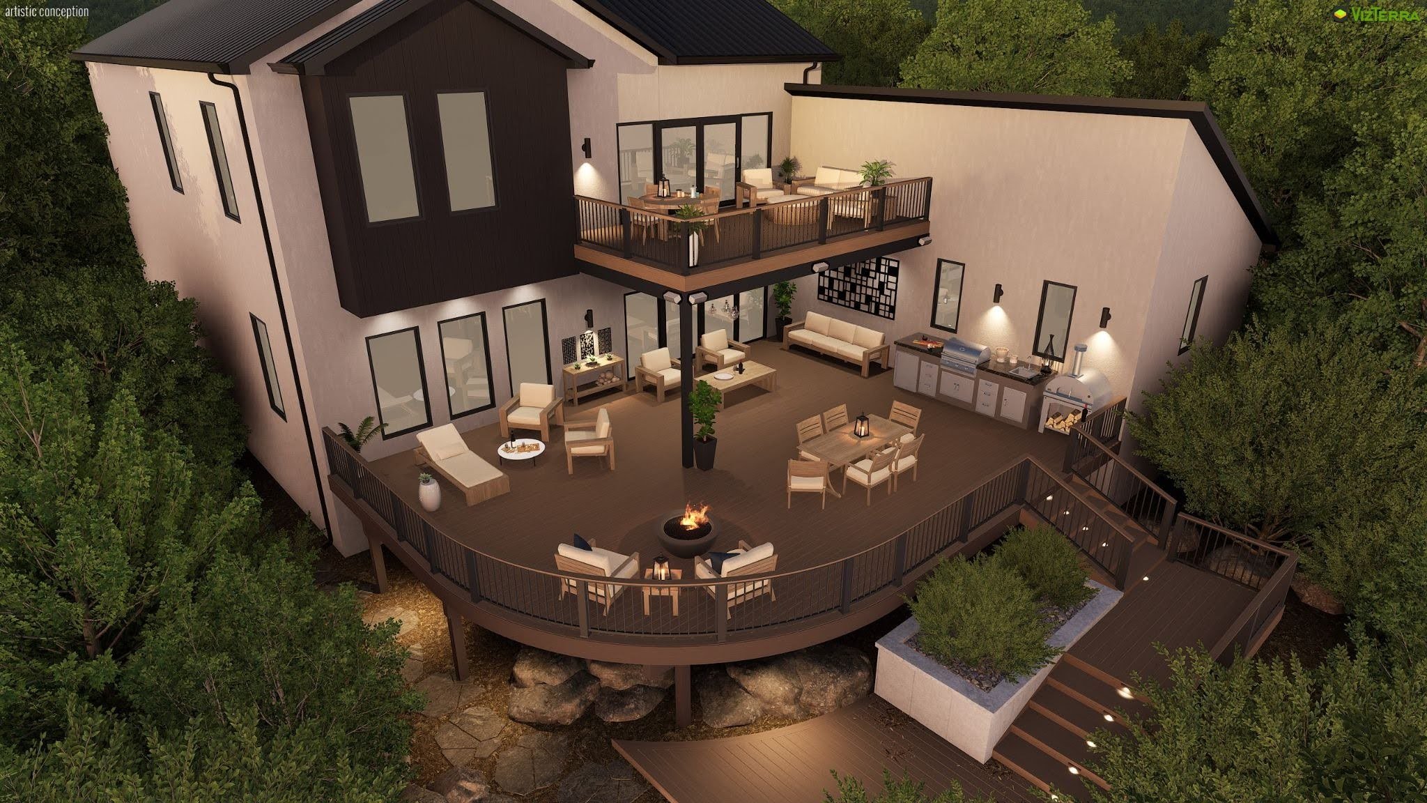 3D rendering of a modern two-story home featuring a multi-level wooden deck with an outdoor kitchen, patio seating, and a fire pit.