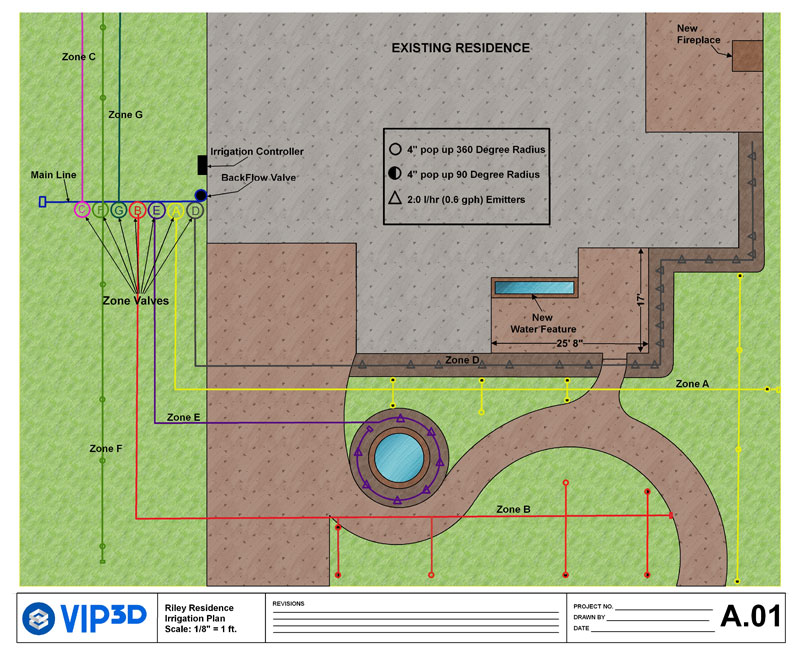 Irrigation Lines in Garden and Landscape Design Software Construction Plans - Vip3D
