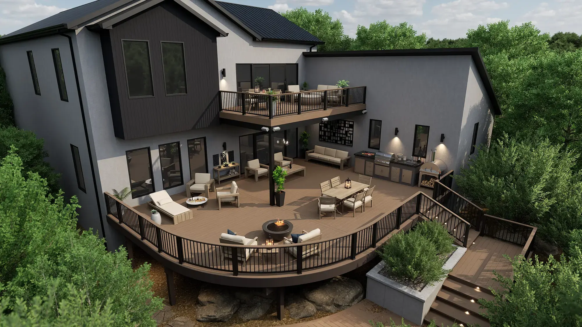 Custom hardscape design with stone walls, built-in seating, and structured outdoor living layout
