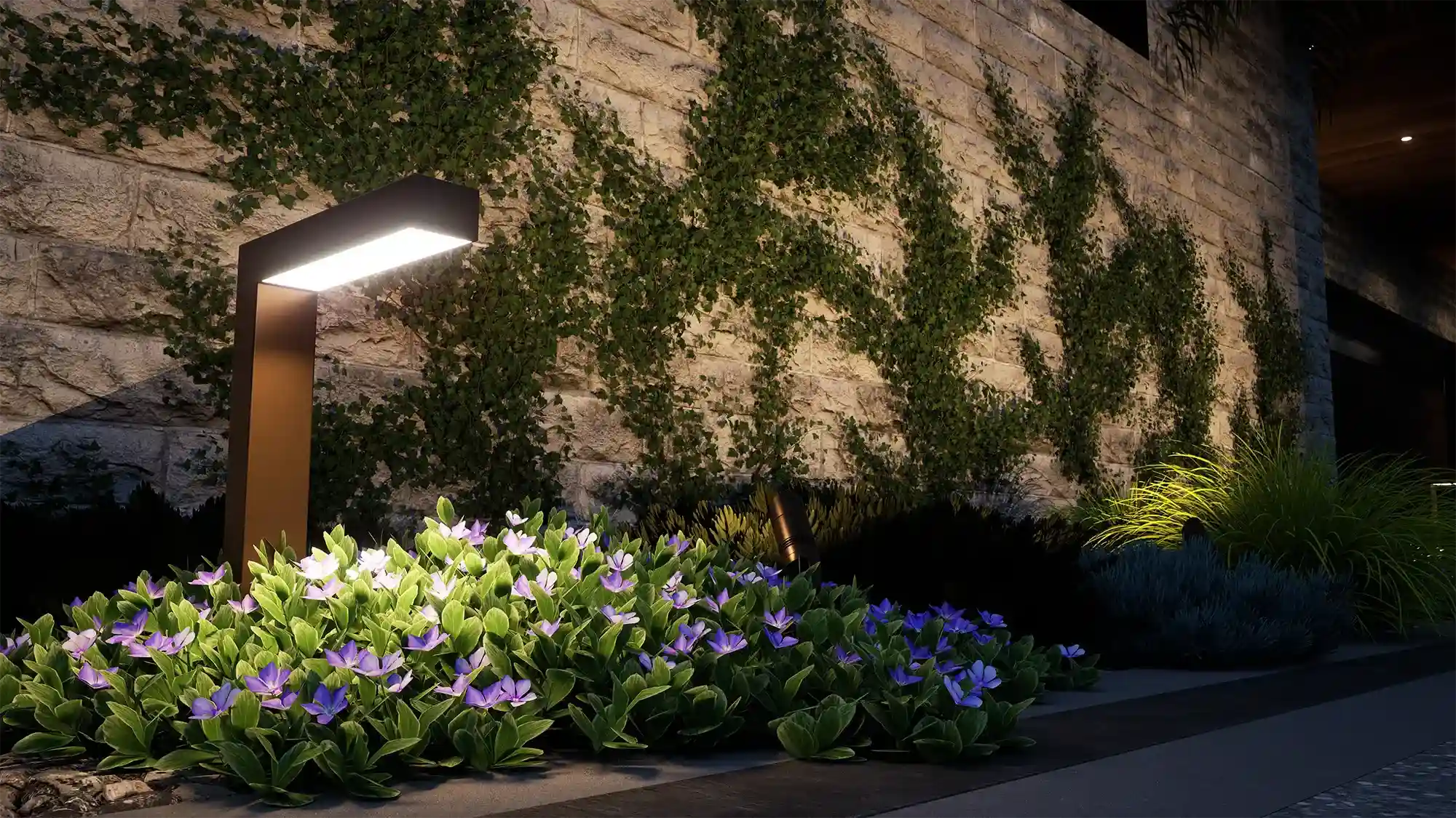 vip3d-version-4-limestone-wall-climbing-ivy-blue-vinca-groundcover-bronze-bollard-light-night