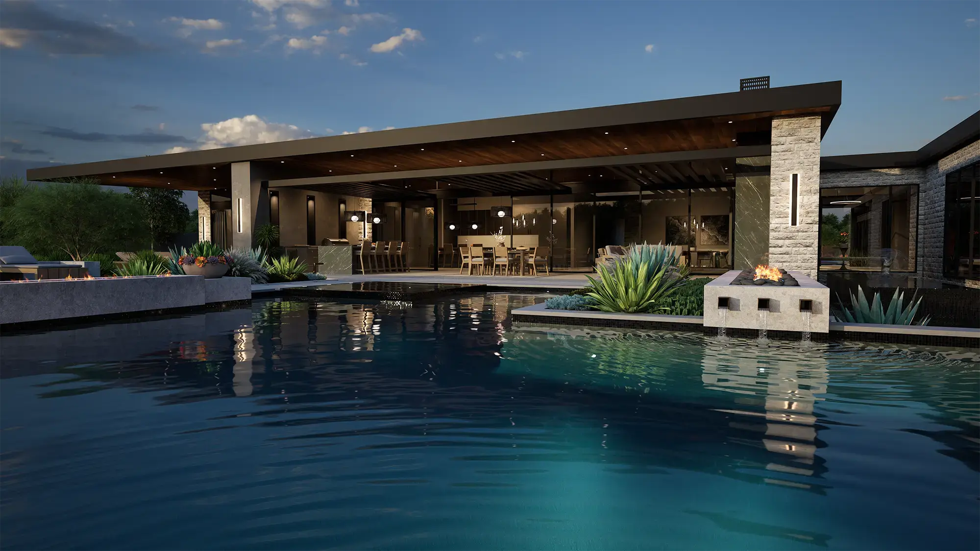 Vip3d-version-4-design-software-dark-tile-pool-linear-fire-water-scuppers-patio-dusk