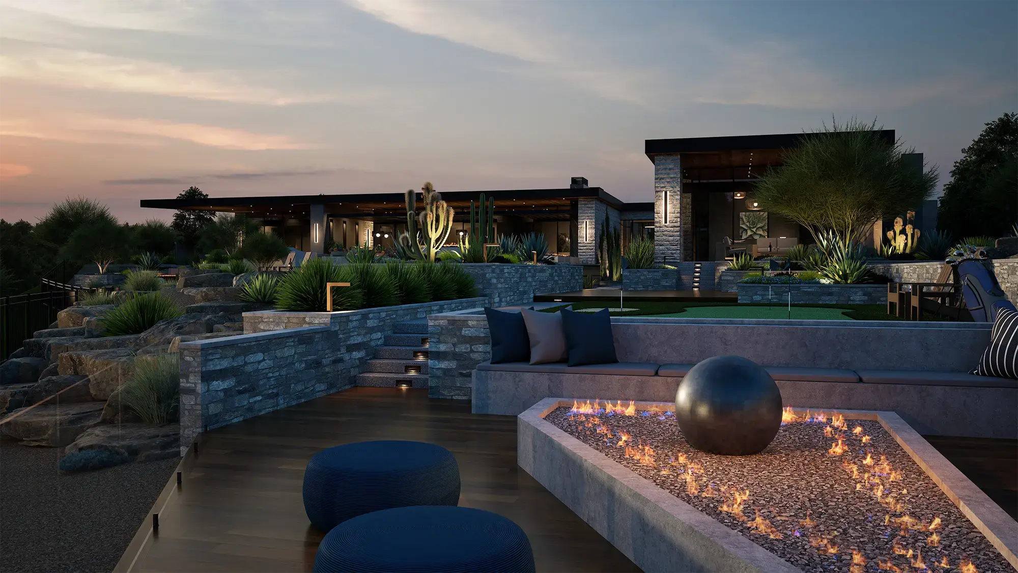 Outdoor kitchen and fire pit area with built-in seating, stone surfaces, and contemporary landscape design