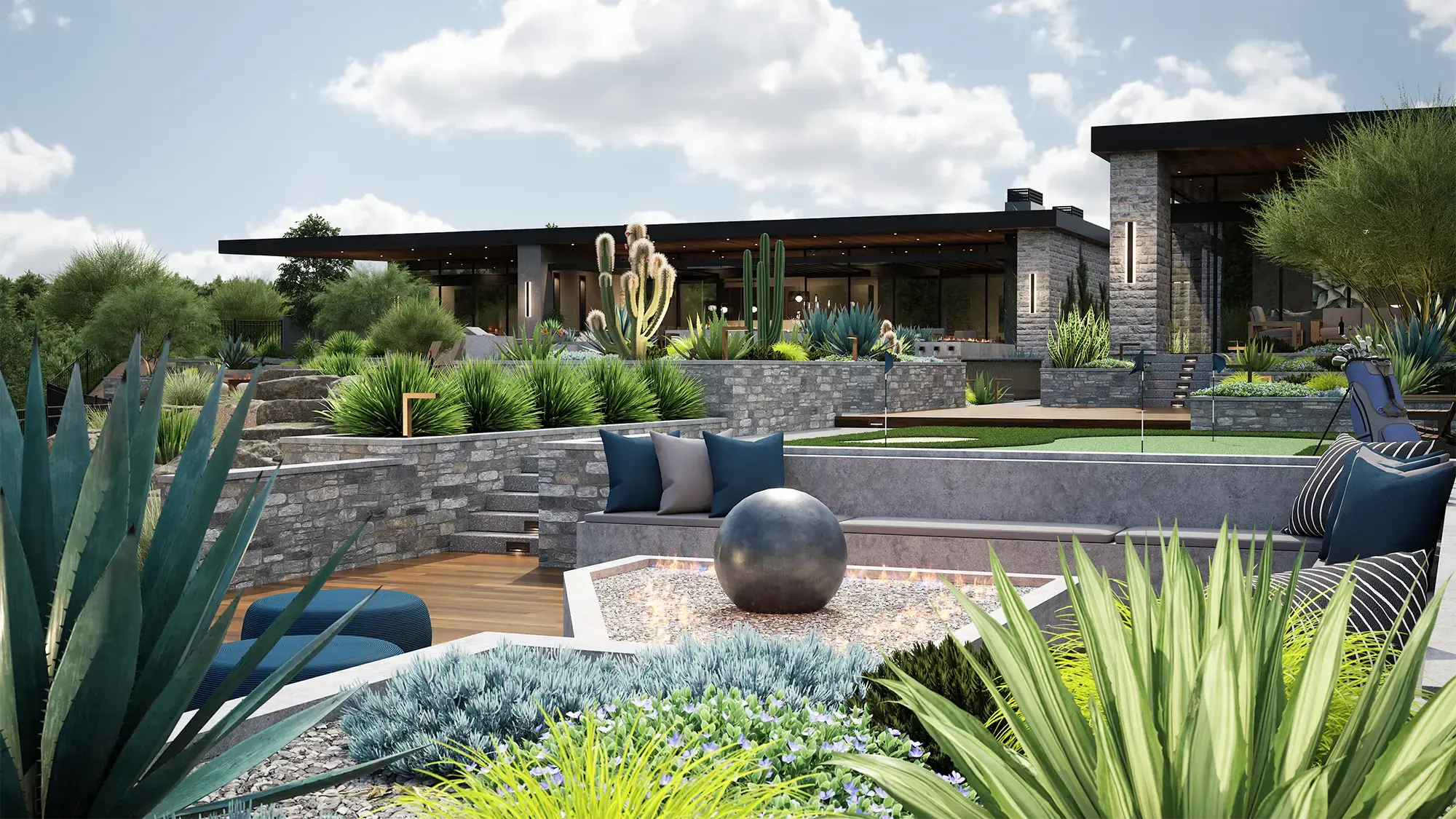 Luxury outdoor living space with covered patio, modern architecture, and integrated landscape design