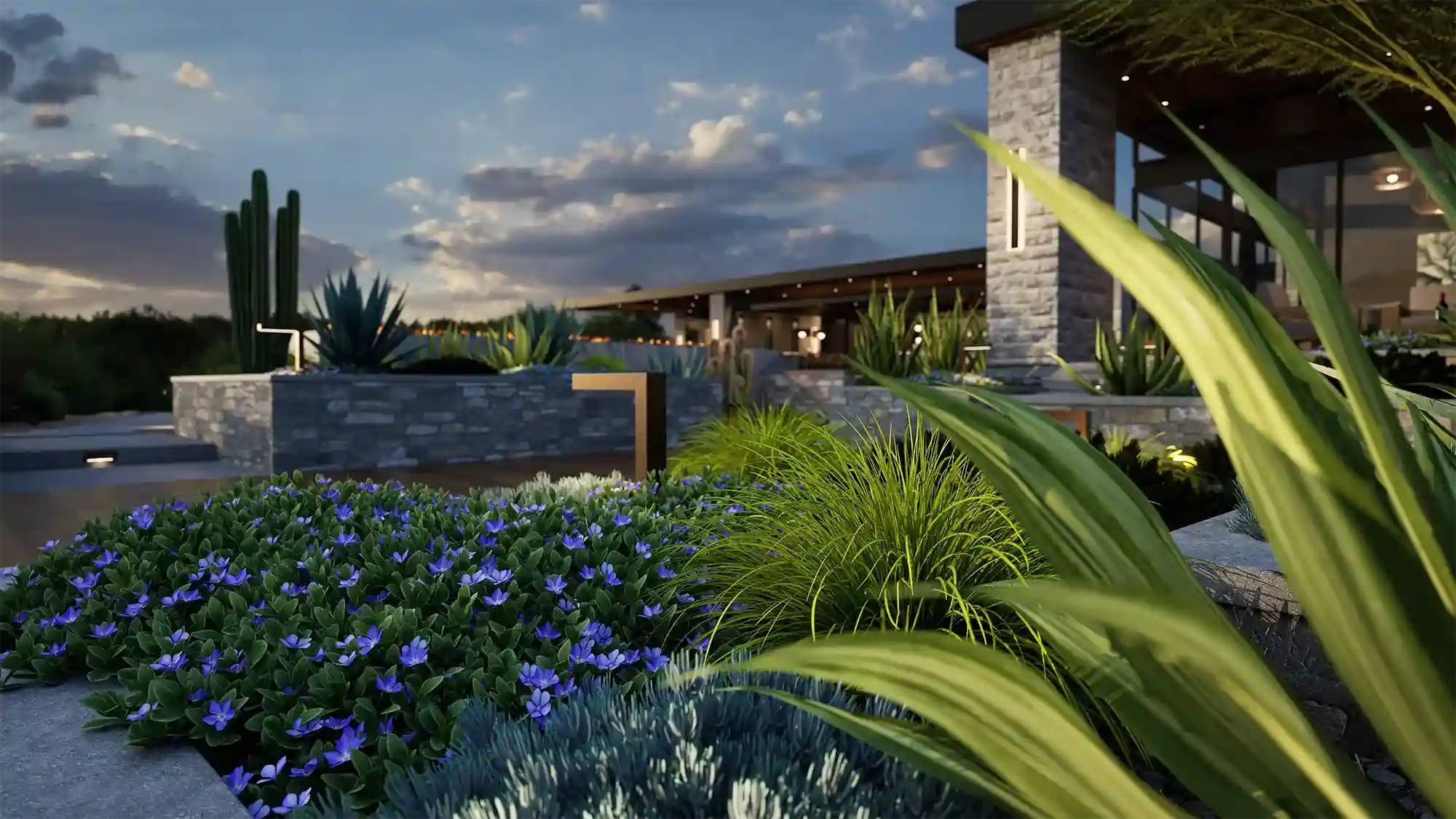 Vip3d-outdoor-living-design-software-desert-landscape-blue-groundcover-agave-cactus-stone-home-dusk